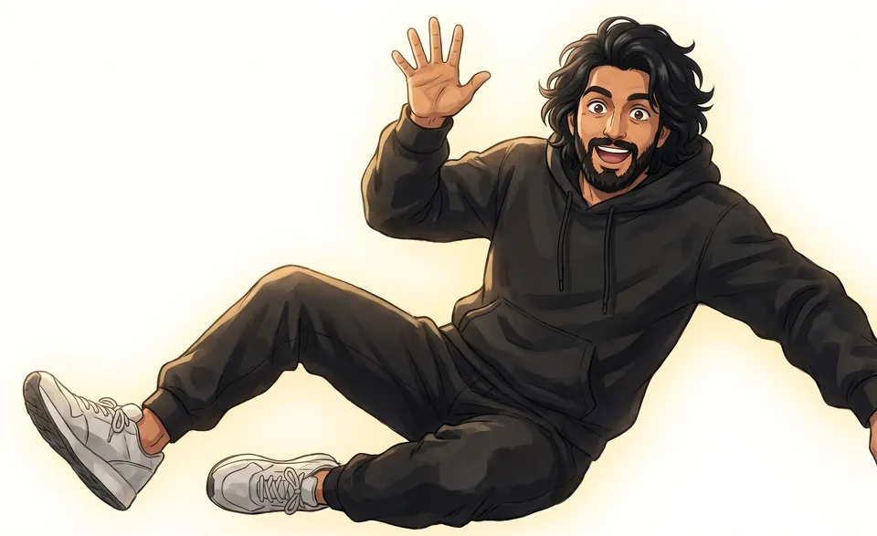 Ambrose, sitting on the floor in a black hoodie, waving goodbye