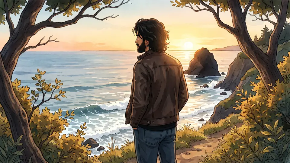 Ambrose in a leather jacket overlooking the sea at sunset